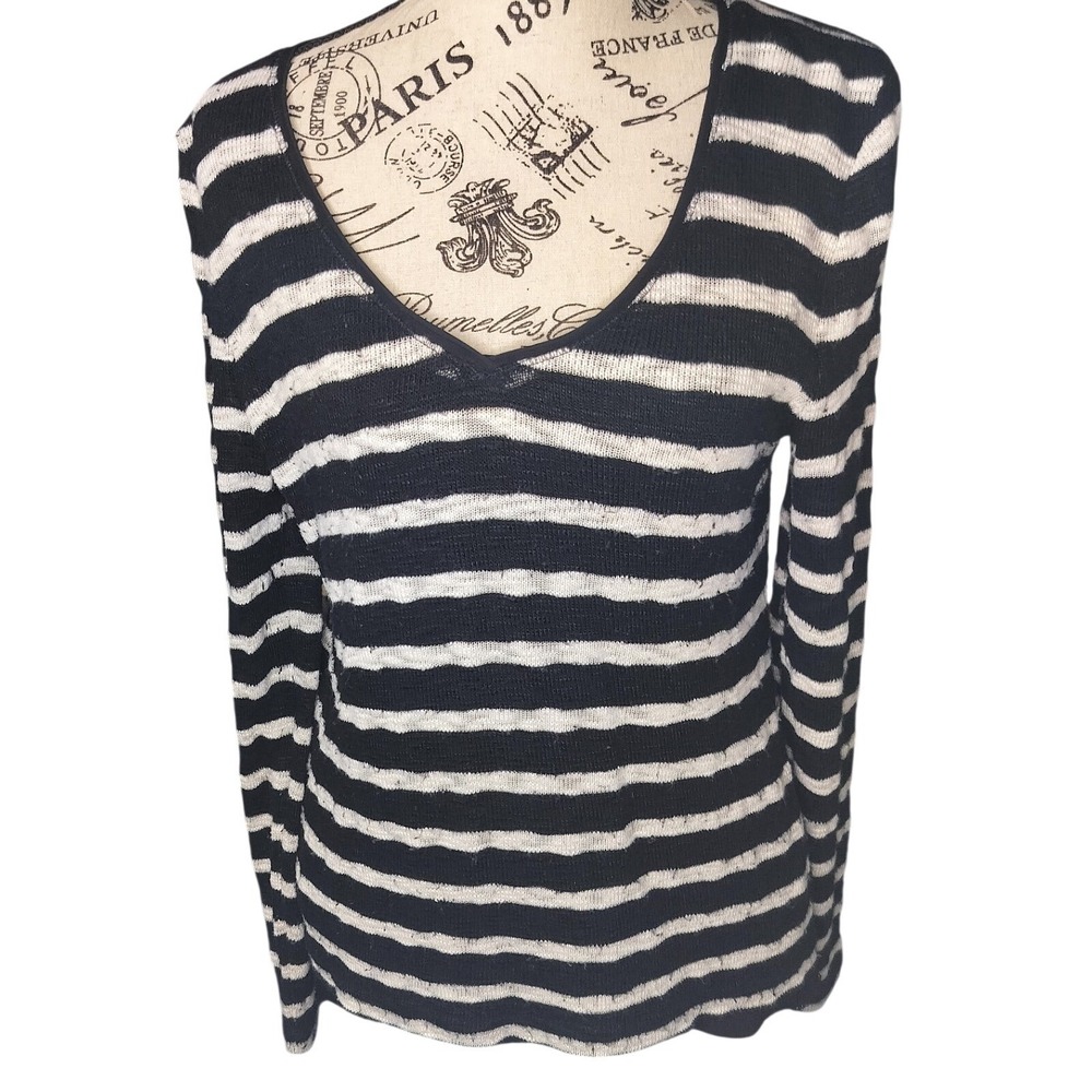 White House Black Market Striped‎ Lace Split Back V-Neck Top Black Cream Small